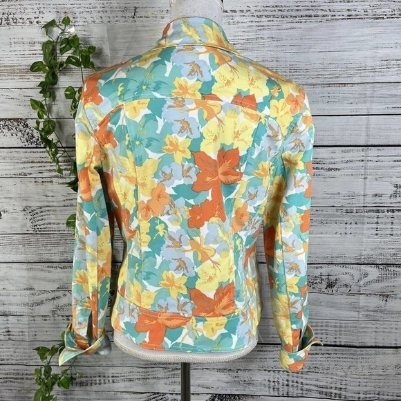 Nicole Miller Denim Jean Jacket size 12 Orange Yellow Floral Pockets Stretch - Picture 10 of 11